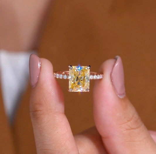 Radiant Cut Champagne Lab Grown Diamond Solitaire Engagement Ring in Rose Gold with Pavé Band