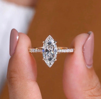 Elegant Marquise Cut Solitaire Lab Grown Diamond Engagement Ring with Sparkling Pavé Diamond Band for Timeless Luxury and Bridal Beauty