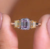 Elegant Emerald Cut Pink & Champagne Yellow Moissanite Diamond Three Stone Engagement Ring in Gold