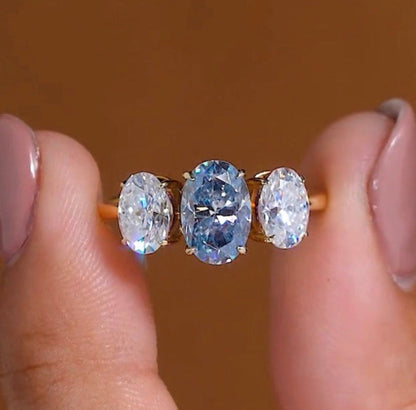 4.00 TCW Elegant Oval Cut Blue Three Stone Moissanite Diamond Engagement Ring in Gold
