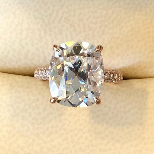 Old Mine Elongated Cushion Cut Moissanite Diamond Engagement Ring with Pavé Band in Rose Gold