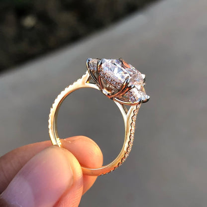Cushion Three Stone Cut Lab Grown Engagement Ring Hidden Halo Solid Gold Wedding Ring Past Present Future Ring Anniversary Ring