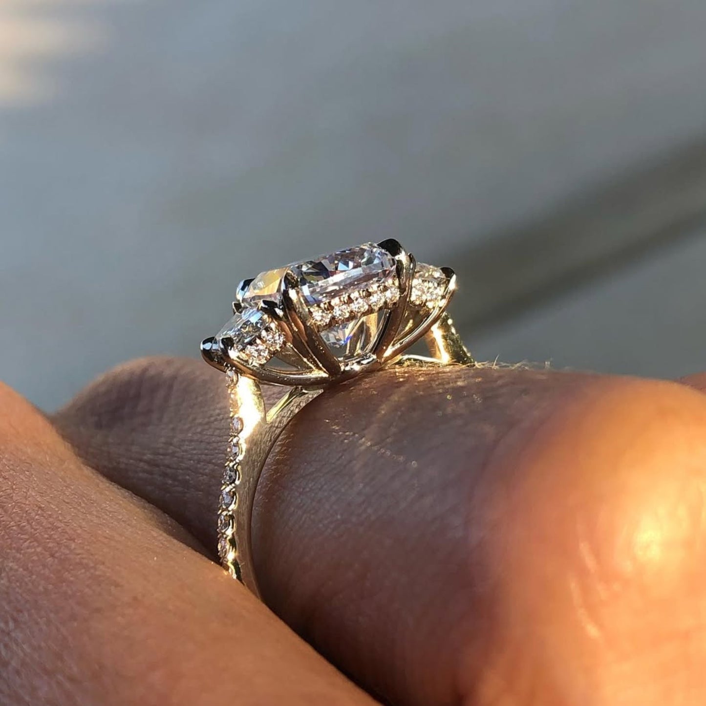 cushion three stone cut lab grown engagement ring hidden halo solid gold wedding ring past present future ring anniversary ring