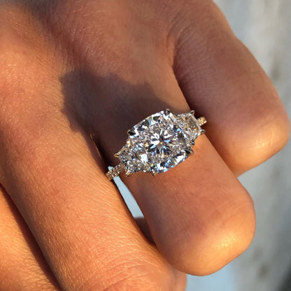 Cushion Three Stone Cut Lab Grown Engagement Ring Hidden Halo Solid Gold Wedding Ring Past Present Future Ring Anniversary Ring