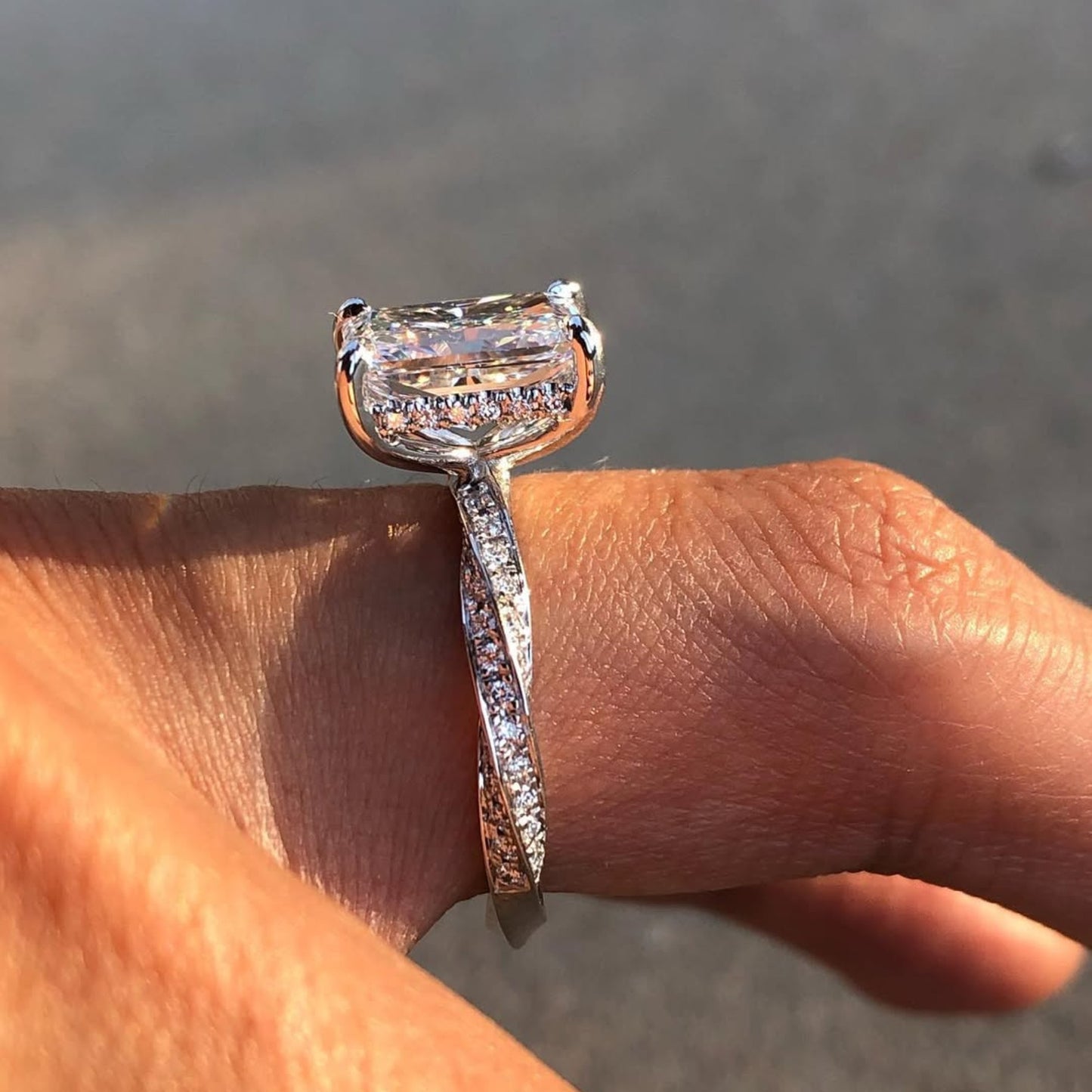 radiant cut lab grown engagement ring twisted band hidden halo ring white gold wedding ring bridal ring anniversary ring for women