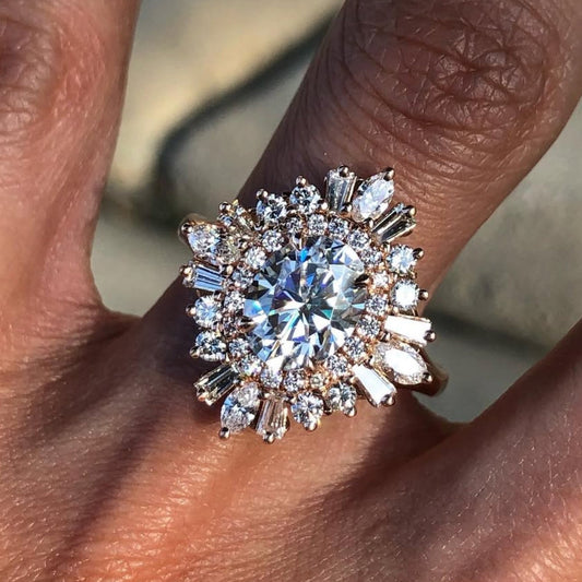 1.00 CT Starburst Oval Cut Moissanite Engagement Ring Halo Set Vintage Ring Rose Gold Wedding Ring Anniversary Ring Handmade Promise Ring