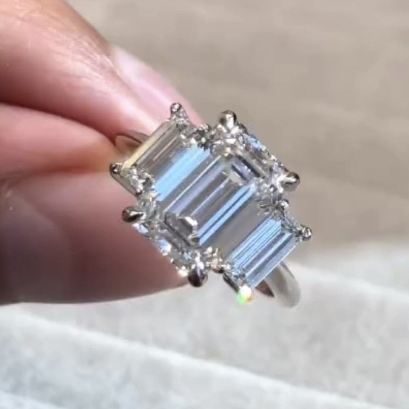 emerald cut three stone lab grown  engagement ring trio diamond ring gold wedding ring past present future ring anniversary ring