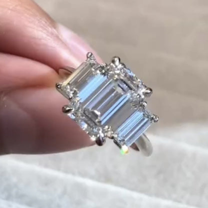 Emerald Cut Three Stone Lab Grown  Engagement Ring Trio Diamond Ring Gold Wedding Ring Past Present Future Ring Anniversary Ring
