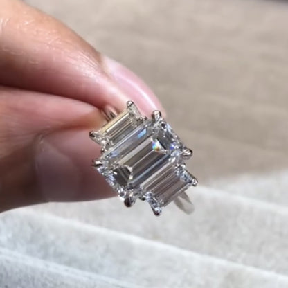 Emerald Cut Three Stone Lab Grown  Engagement Ring Trio Diamond Ring Gold Wedding Ring Past Present Future Ring Anniversary Ring