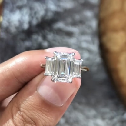 Emerald Cut Three Stone Lab Grown  Engagement Ring Trio Diamond Ring Gold Wedding Ring Past Present Future Ring Anniversary Ring