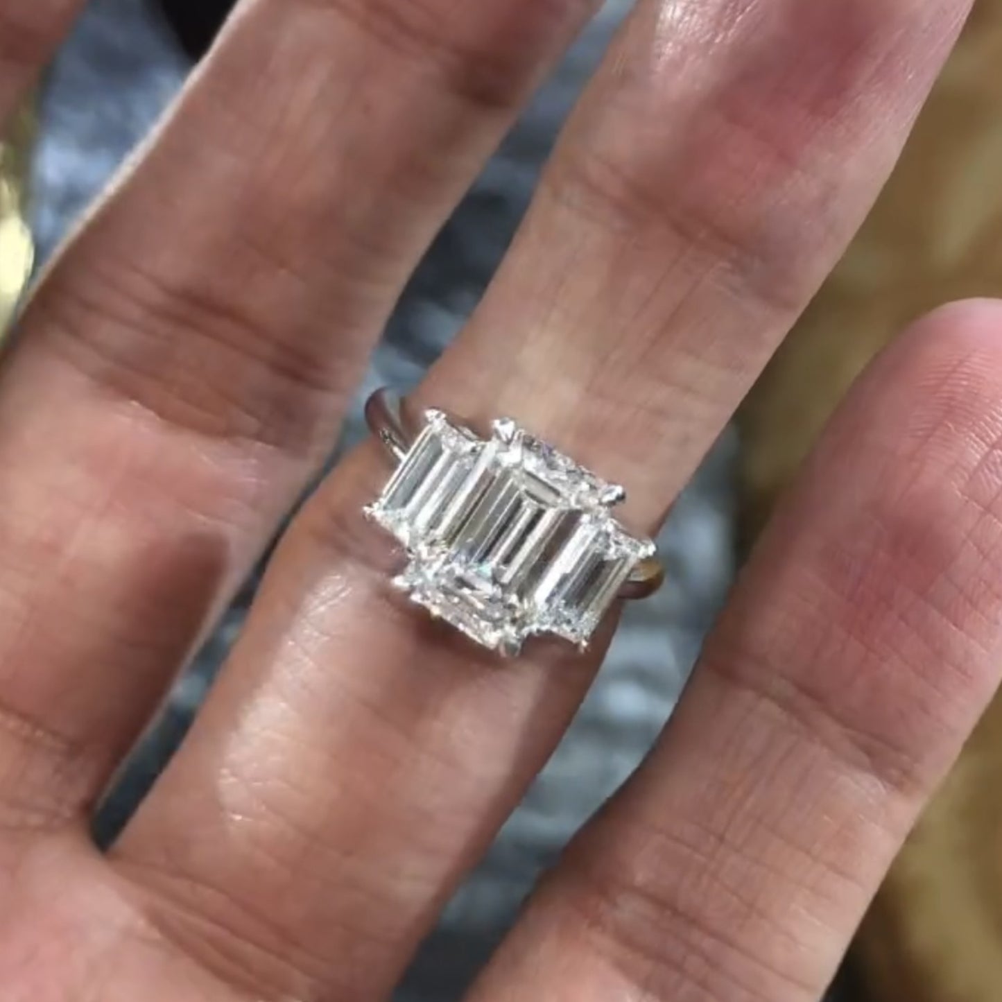 emerald cut three stone lab grown  engagement ring trio diamond ring gold wedding ring past present future ring anniversary ring