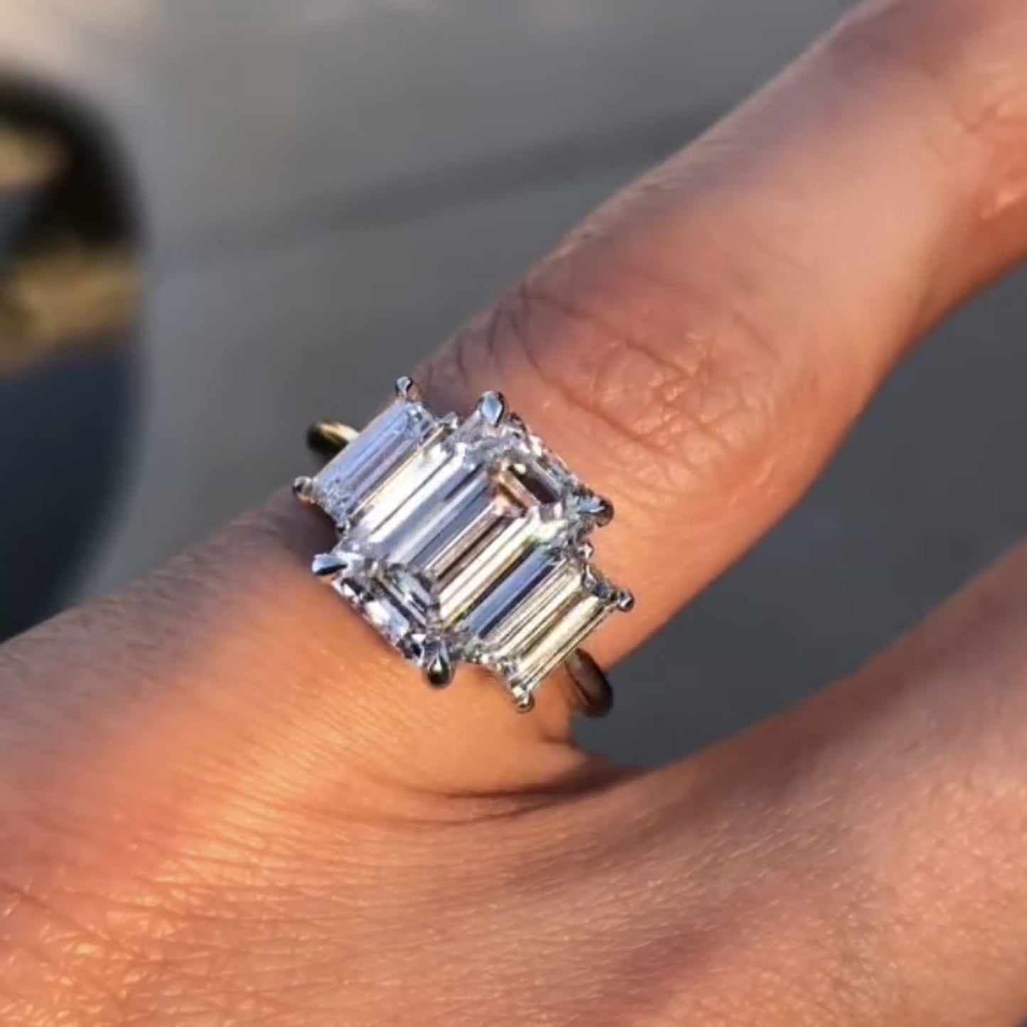 emerald cut three stone lab grown  engagement ring trio diamond ring gold wedding ring past present future ring anniversary ring