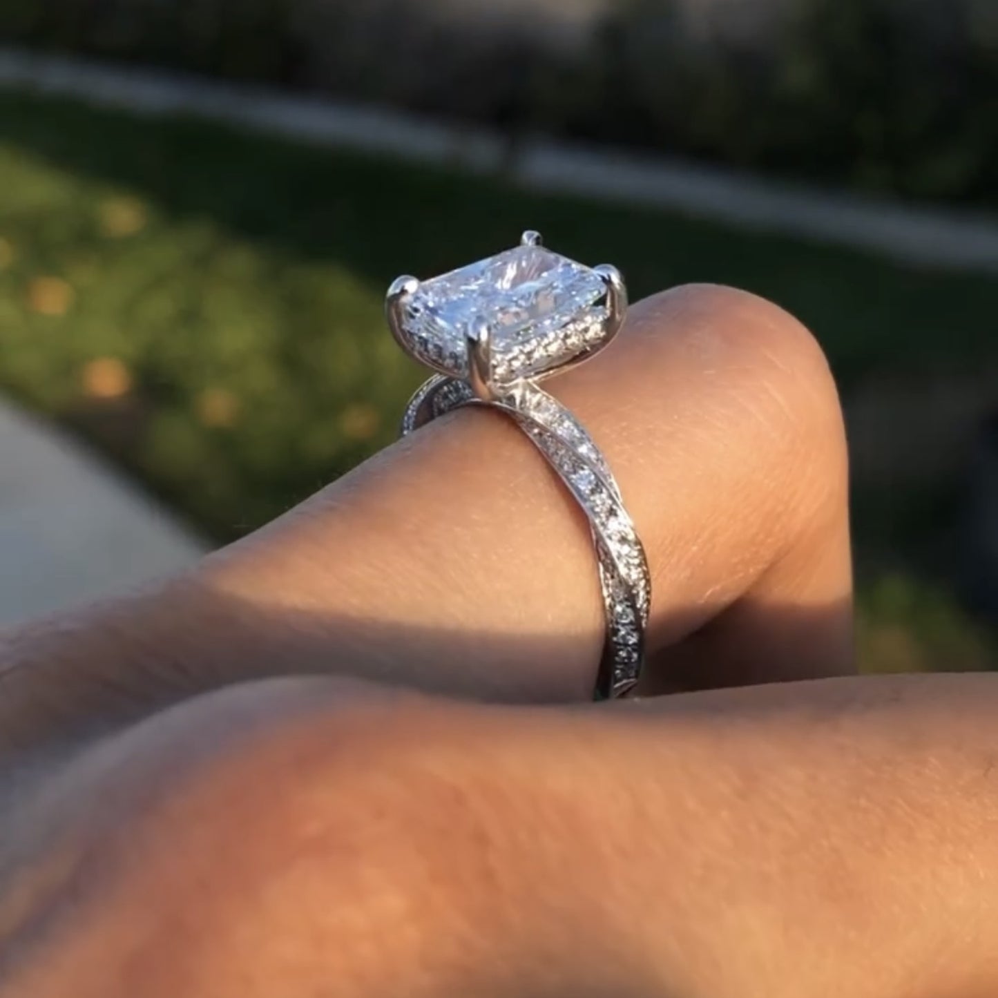 radiant cut lab grown engagement ring twisted band hidden halo ring white gold wedding ring bridal ring anniversary ring for women