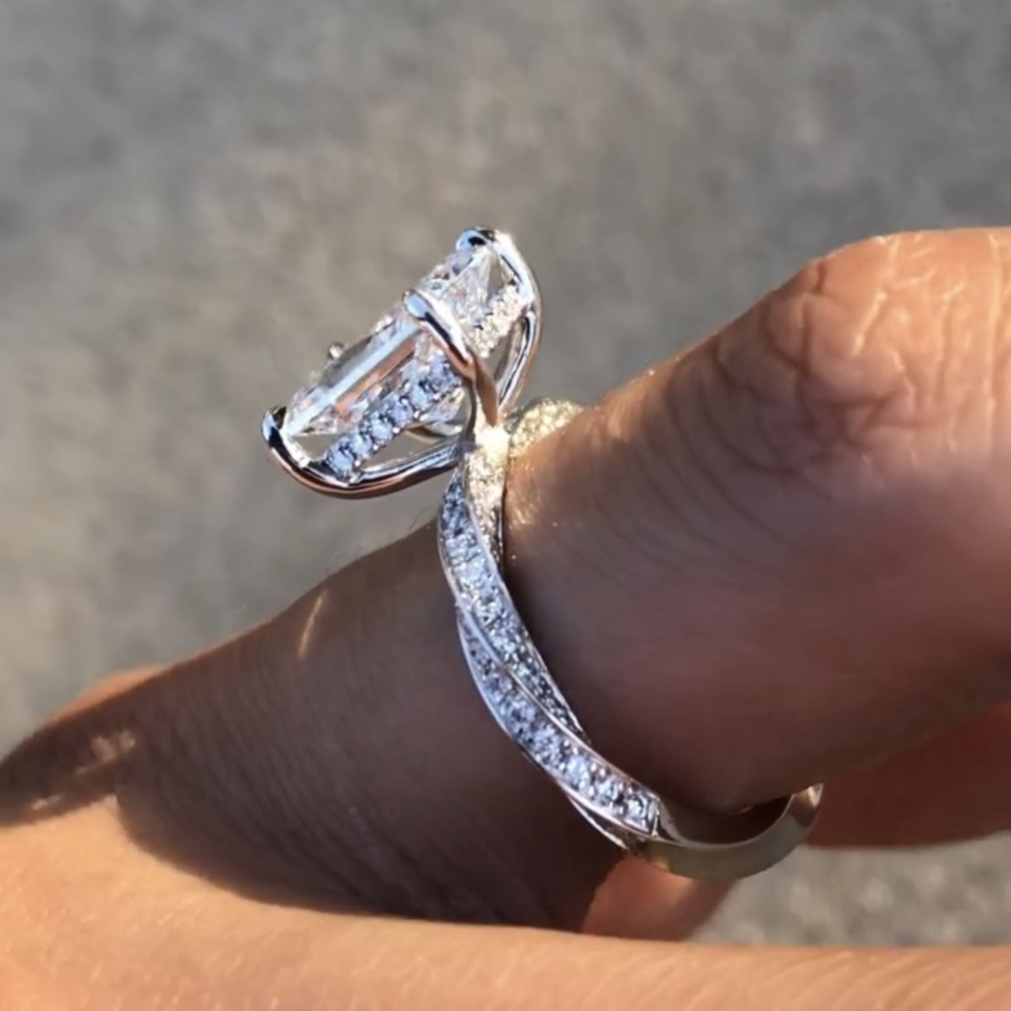 radiant cut lab grown engagement ring twisted band hidden halo ring white gold wedding ring bridal ring anniversary ring for women