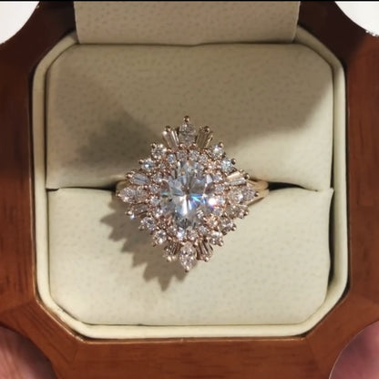 1.00 CT Starburst Oval Cut Moissanite Engagement Ring Halo Set Vintage Ring Rose Gold Wedding Ring Anniversary Ring Handmade Promise Ring