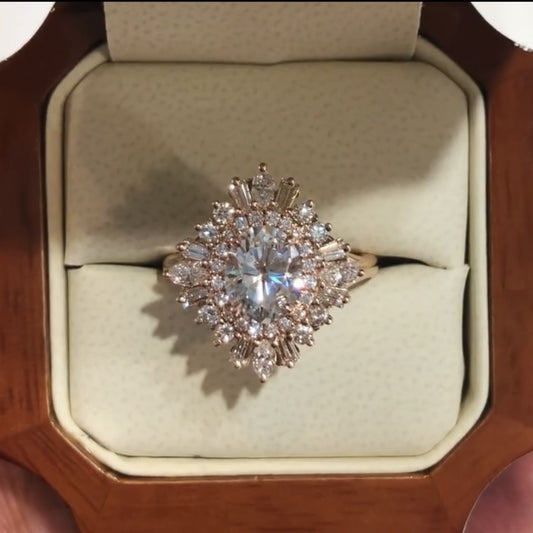 Starburst Oval Cut Moissanite Engagement Ring Halo Set Vintage Ring Rose Gold Wedding Ring Anniversary Ring Handmade Promise Ring