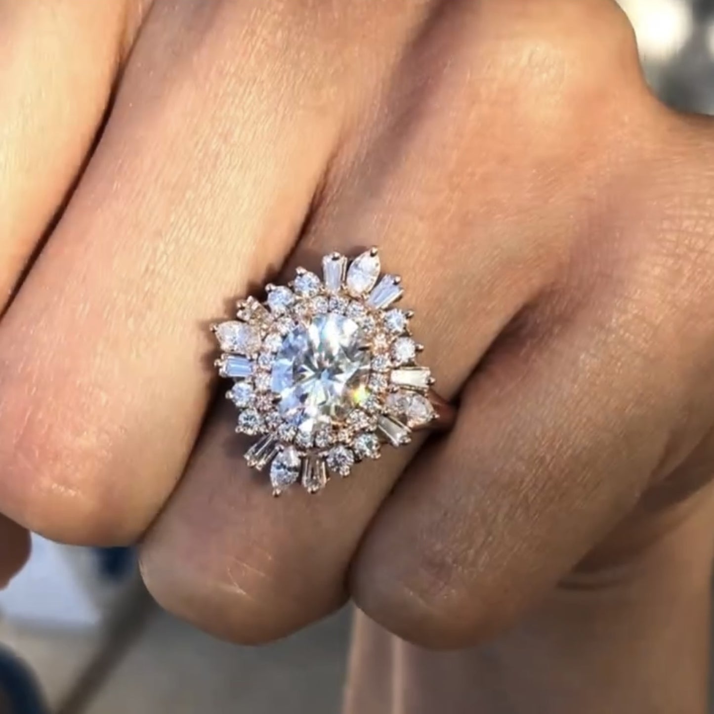 1.00 ct starburst oval cut moissanite engagement ring halo set vintage ring rose gold wedding ring anniversary ring handmade promise ring