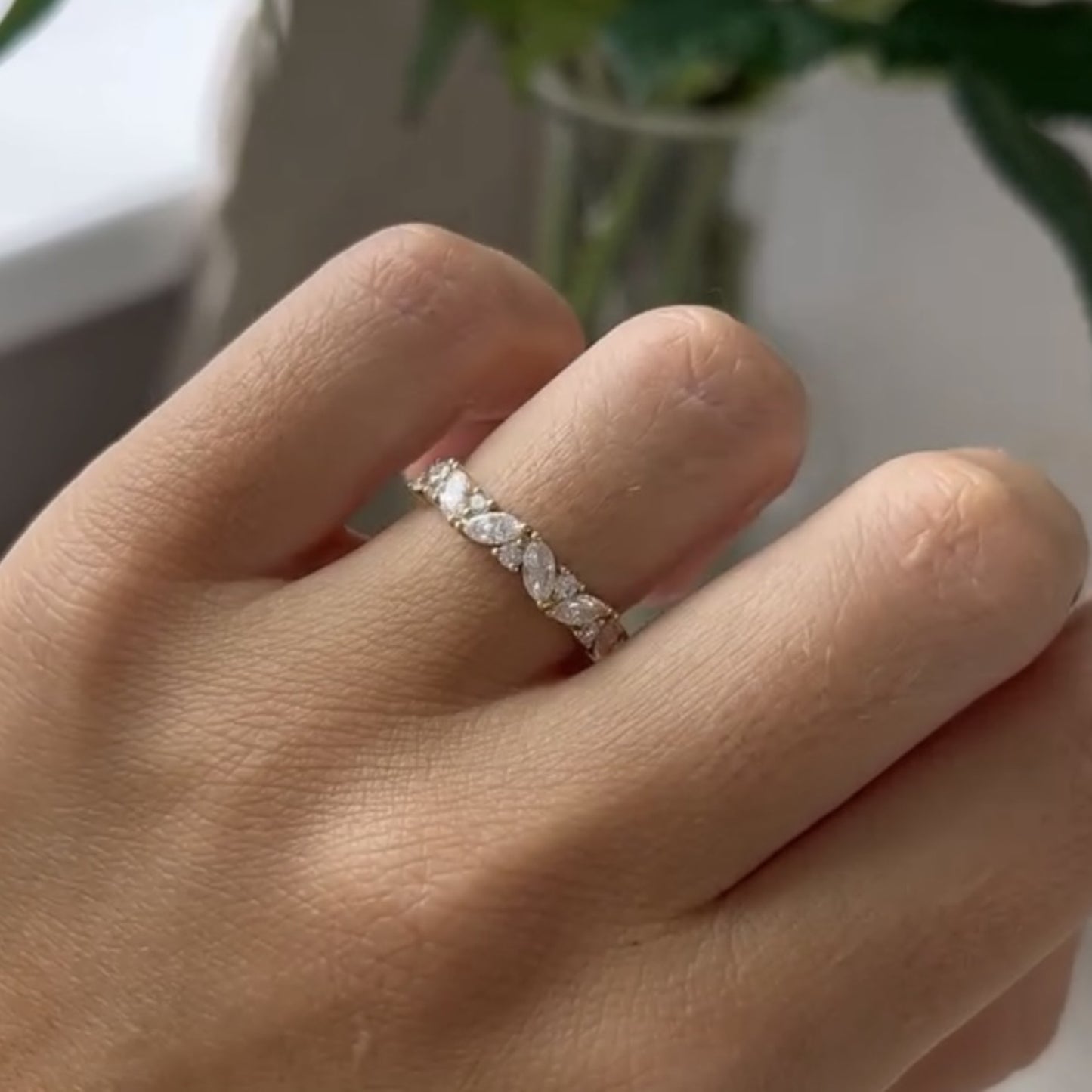 marquise and round cut moissanite band minimalist wedding band gold matching band stackable band anniversary band for her promise band