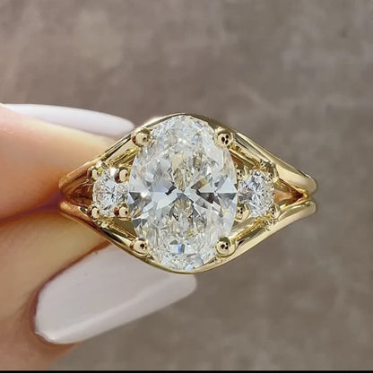 Thee Stone Oval Cut Lab Grown Engagement Ring Gold Wedding Ring For Women Past Present Future Ring Anniversary Ring Promise Ring