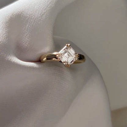 East West Asscher Cut Lab Grown Engagement Ring Double Claw Prong Gold Solitaire Ring Horizontal Ring Wedding Ring Promise Ring