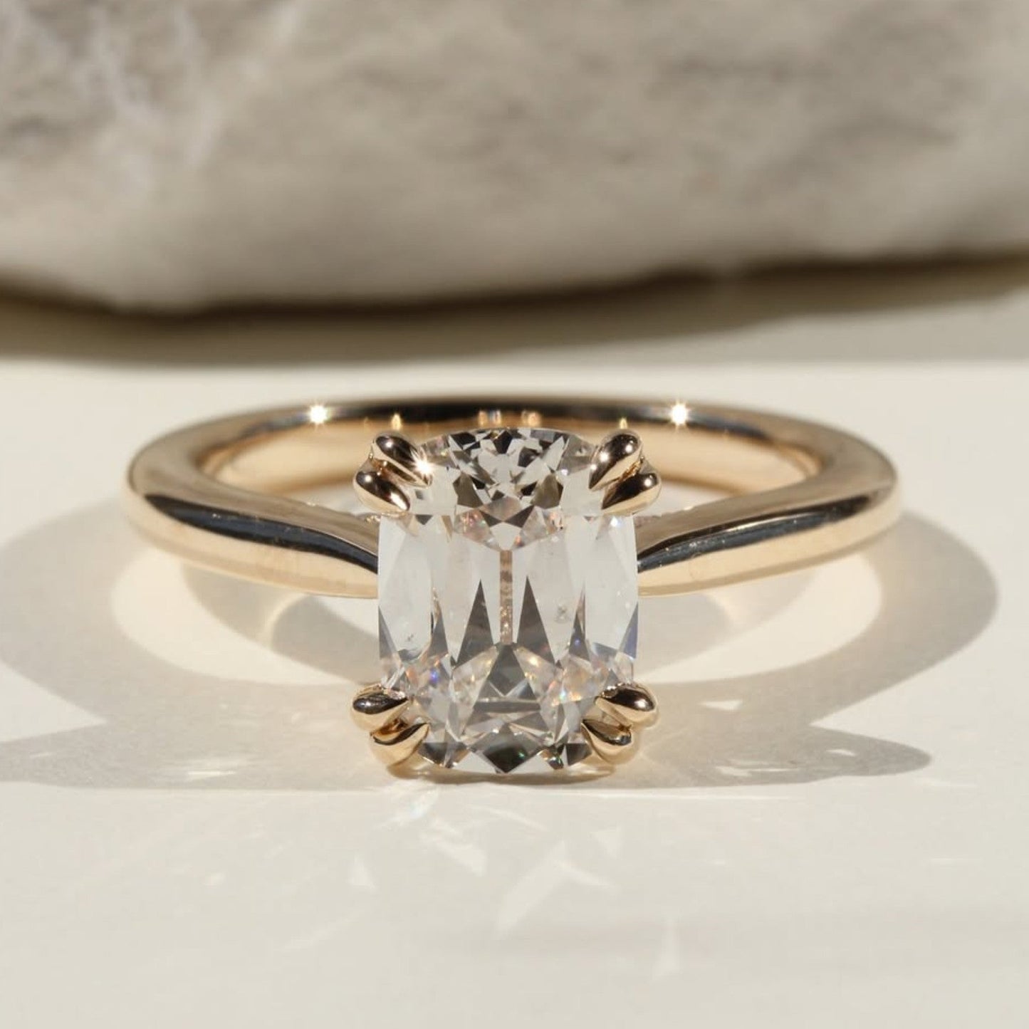 old mine elongated cushion lab grown engagement ring vintage double claw prong ring tulip set solid gold wedding rings for women