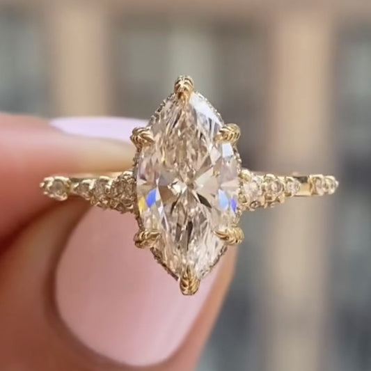 Marquise Cut Moissanite Art Deco Engagement Ring Hidden Halo Gold Wedding Ring Anniversary Rings For Women Nature Inspired Ring