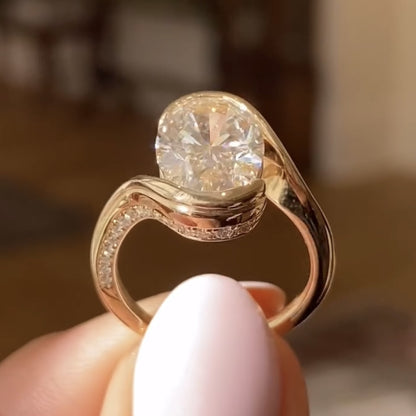 Oval Cut Bypass Engagement Ring Oval Half Bezel Set Lab Grown Ring Solid Gold Wedding Ring For Women Anniversary Ring Promise Ring