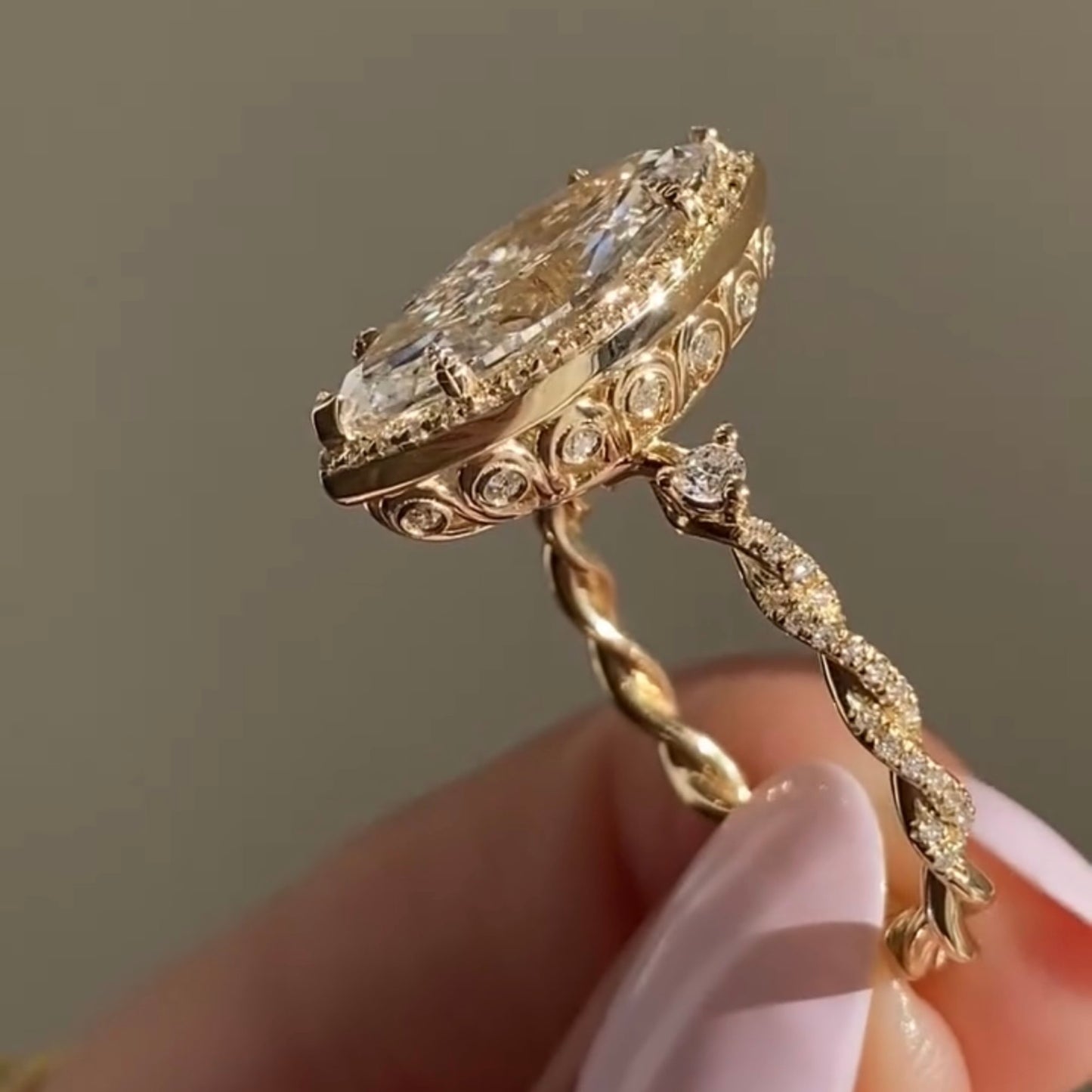 marquise cut moissanite diamond ring unique tulip set twisted band ring