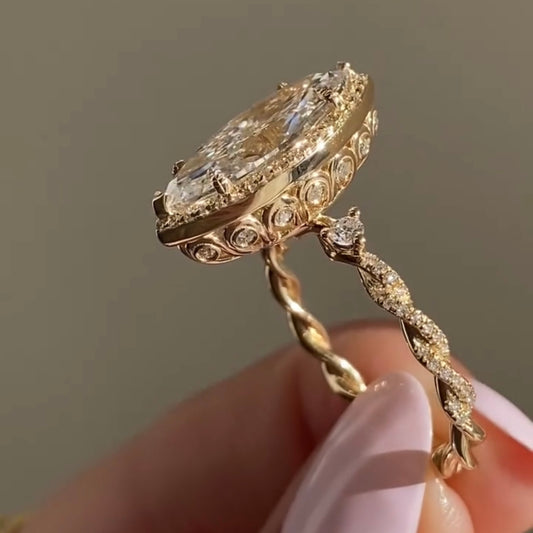 Marquise Cut Moissanite Diamond Ring Unique Tulip Set Twisted Band Ring