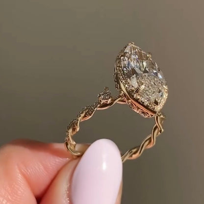 Marquise Cut Moissanite Diamond Ring Unique Tulip Set Twisted Band Ring