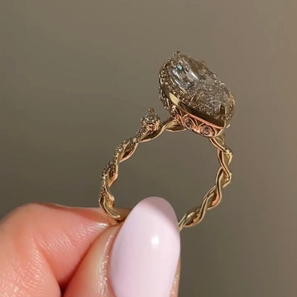 Marquise Cut Moissanite Diamond Ring Unique Tulip Set Twisted Band Ring