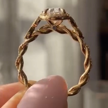 Oval Cut Moissanite Diamond Ring Halo Set Twisted Band Ring