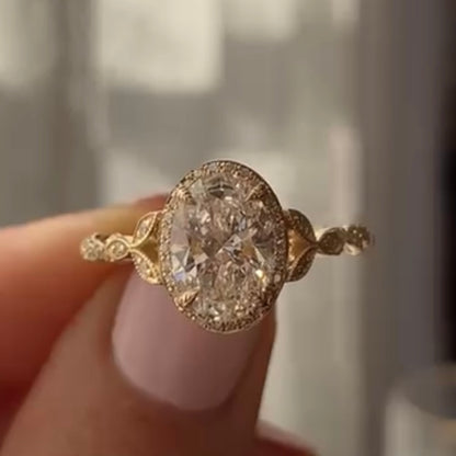 Oval Cut Moissanite Diamond Ring Halo Set Twisted Band Ring