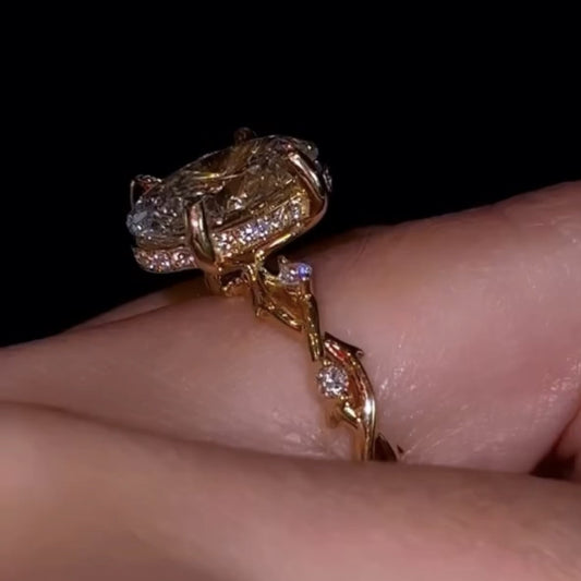 Oval Cut Vintage Moissanite Ring Twisted Band Oval Engagement Ring Hidden Halo Ring Gold Nature Inspired Ring Wedding Ring For Her