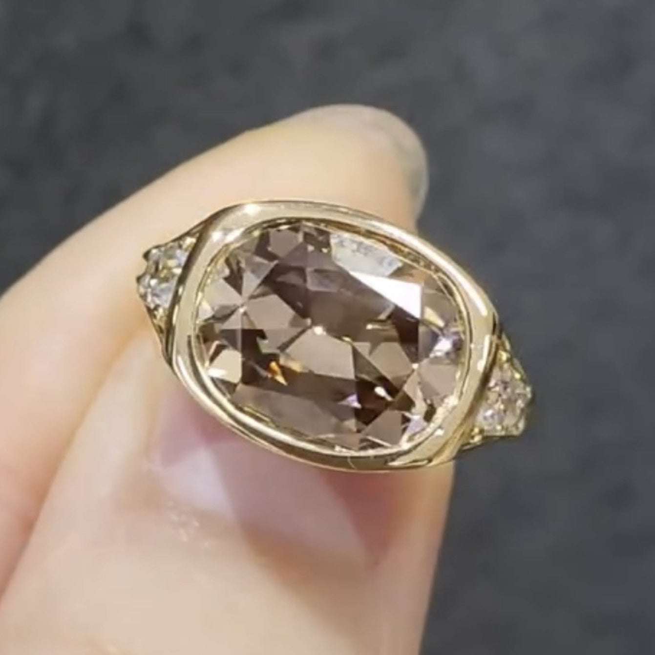 brown elongated cushion cut old mine moissanite ring east west bezel set cushion engagement ring gold wedding ring promise ring