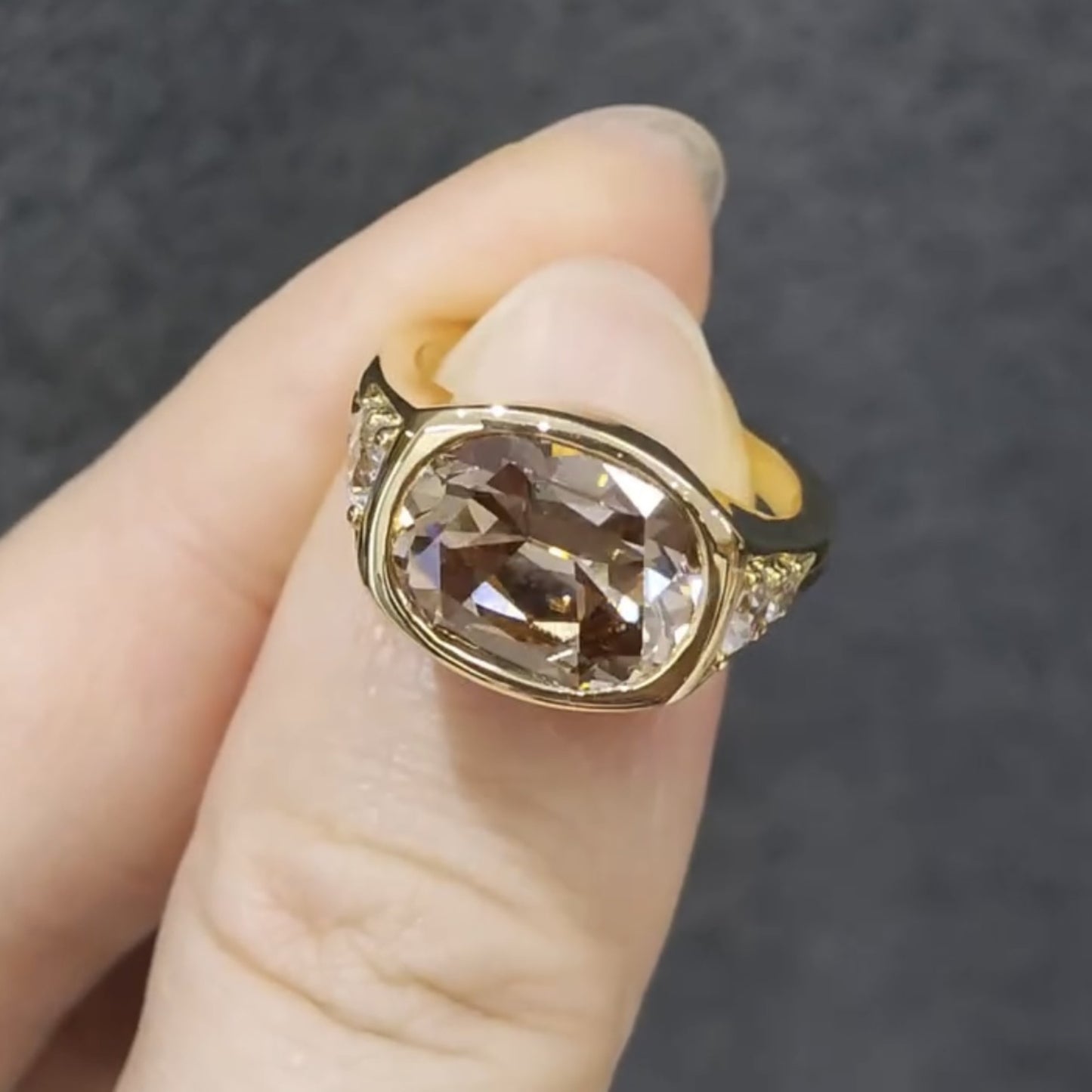brown elongated cushion cut old mine moissanite ring east west bezel set cushion engagement ring gold wedding ring promise ring