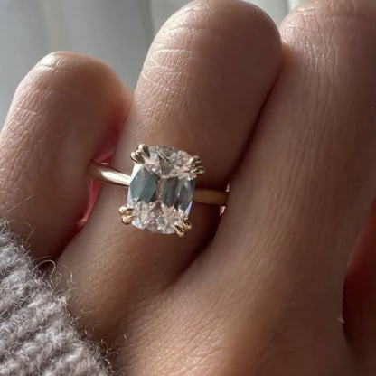 Old Mine Elongated Cushion Lab Grown Engagement Ring Vintage Double Claw Prong Ring Tulip Set Solid Gold Wedding Rings For Women