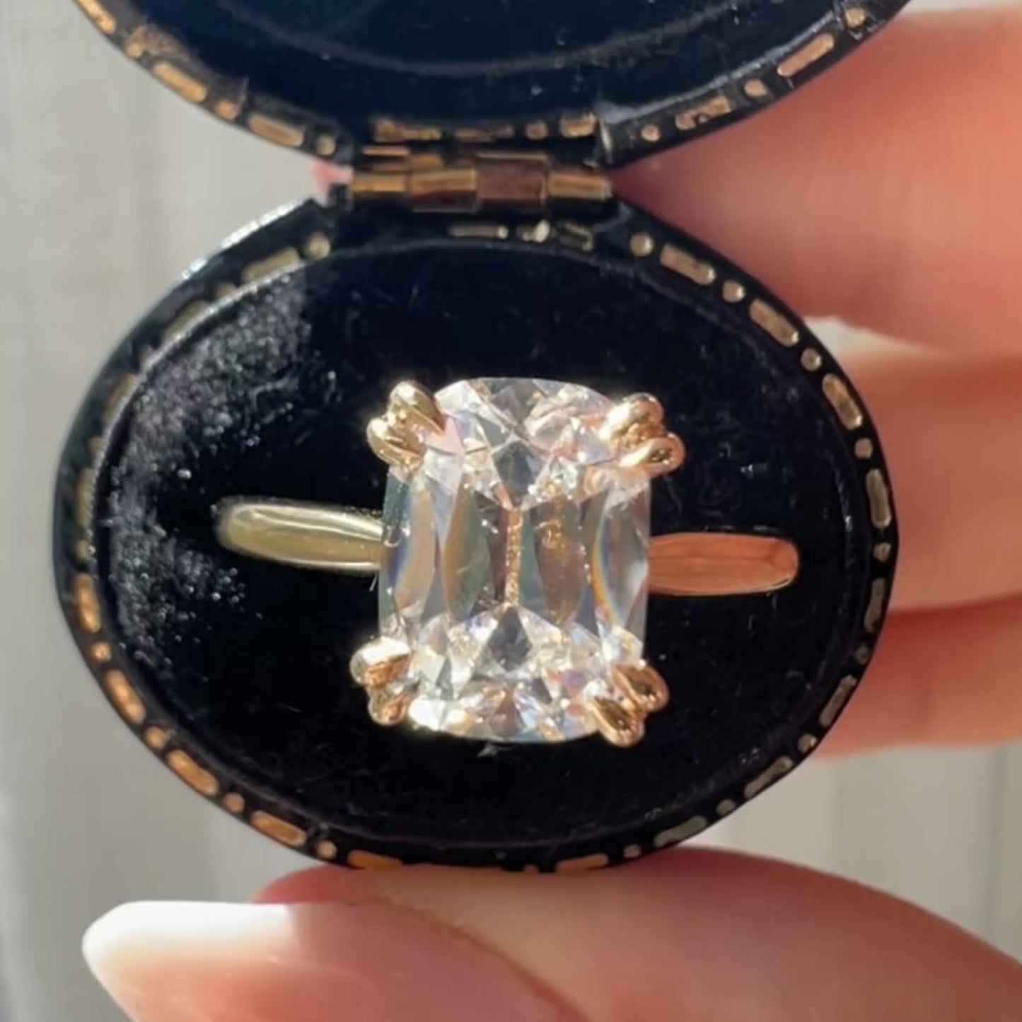 old mine elongated cushion lab grown engagement ring vintage double claw prong ring tulip set solid gold wedding rings for women