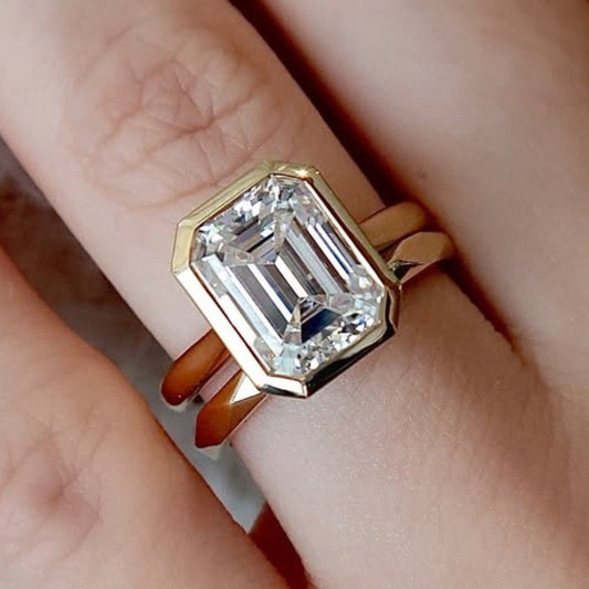 Bezel Set Emerald Cut Lab Grown Engagement Ring Set Gold Bridal Set Solitaire Ring With Matching Band Wedding Ring Set For Women