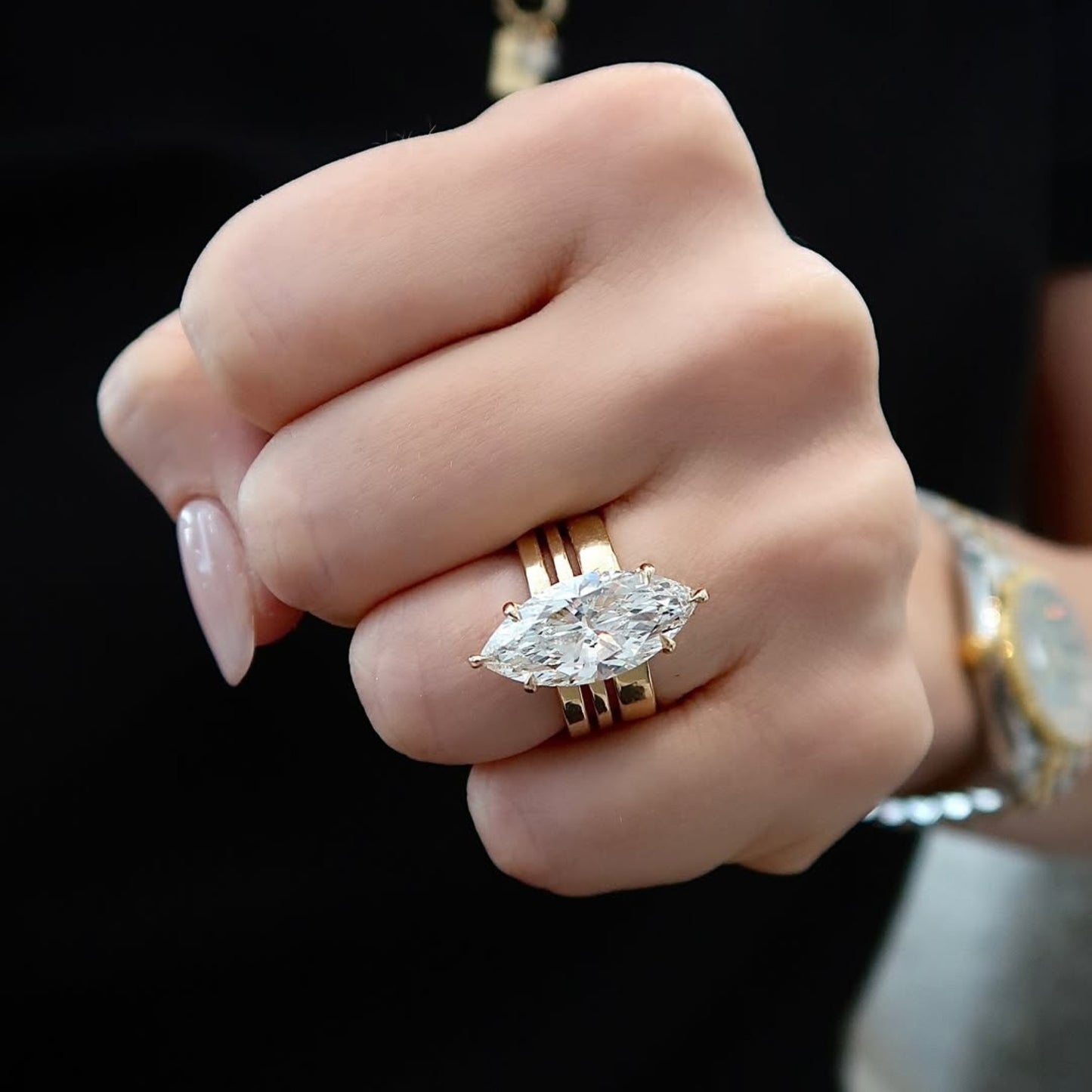 marquise cut moissanite engagement ring trio band solitaire ring solid gold wedding ring anniversary ring  for women