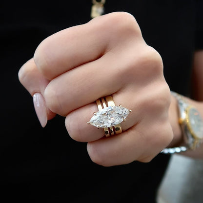 Marquise Cut Moissanite Engagement Ring Trio Band Solitaire Ring Solid Gold Wedding Ring Anniversary Ring  For Women