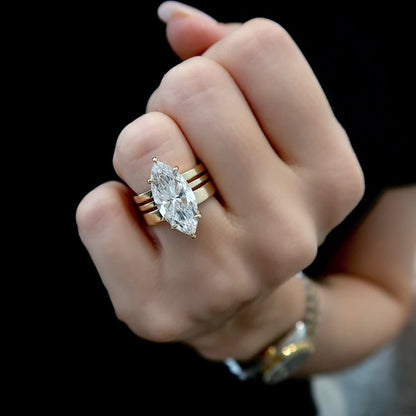 Marquise Cut Moissanite Engagement Ring Trio Band Solitaire Ring Solid Gold Wedding Ring Anniversary Ring  For Women