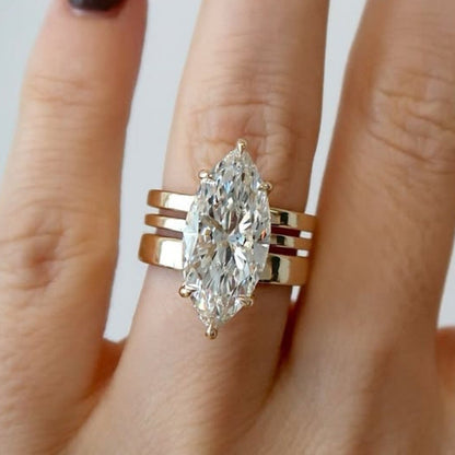 Marquise Cut Moissanite Engagement Ring Trio Band Solitaire Ring Solid Gold Wedding Ring Anniversary Ring  For Women
