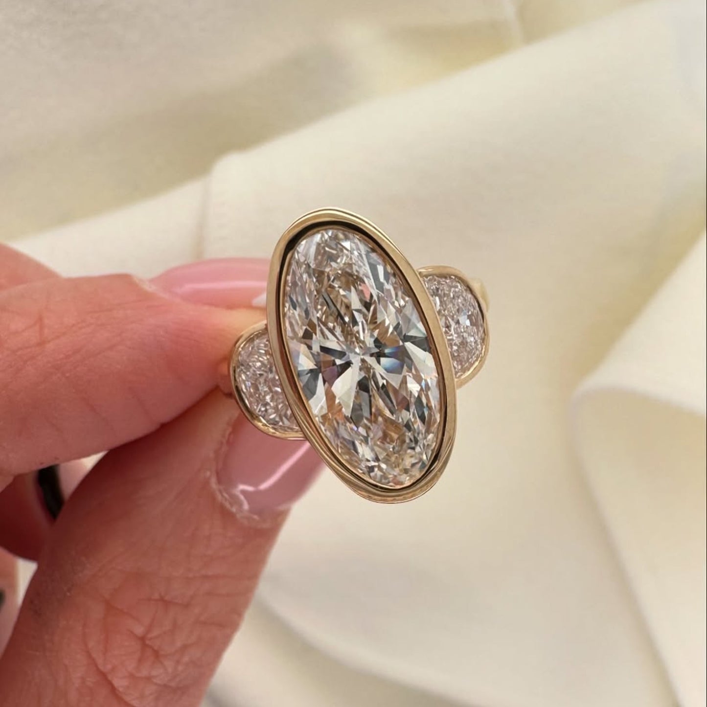 bezel set elongated oval cut engagement ring three stone  oval moissanite ring  past present future ring wedding rings for her