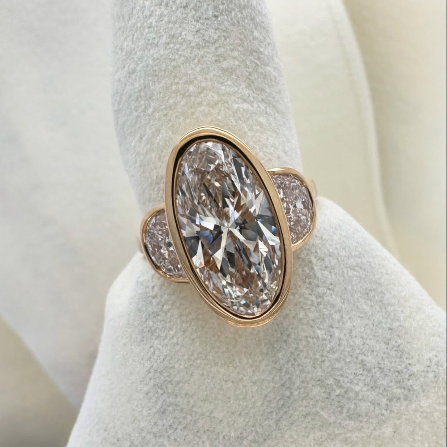 bezel set elongated oval cut engagement ring three stone  oval moissanite ring  past present future ring wedding rings for her