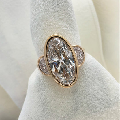 Bezel Set Elongated Oval Cut Engagement Ring Three Stone  Oval Moissanite Ring  Past Present Future Ring Wedding Rings For Her