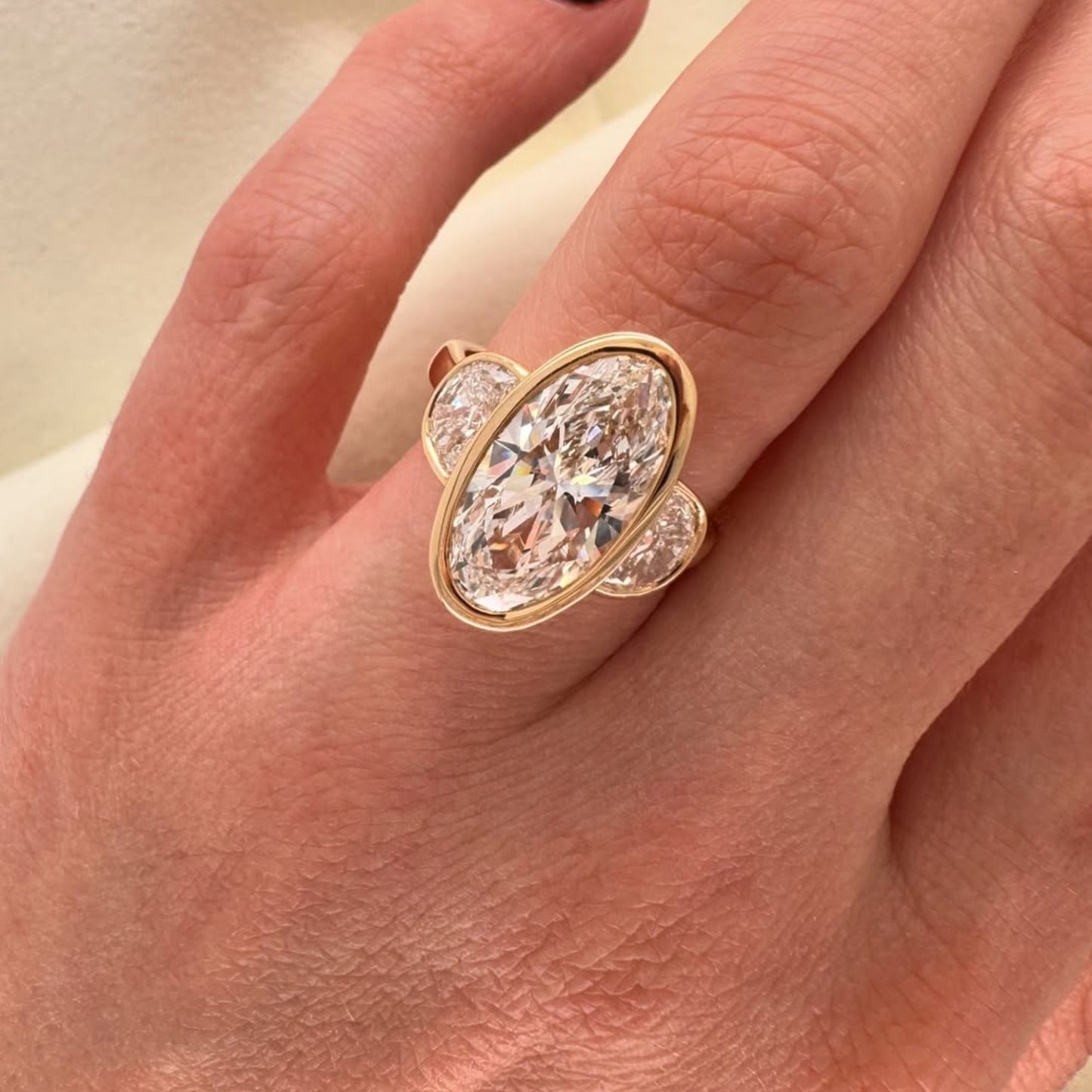 bezel set elongated oval cut engagement ring three stone  oval moissanite ring  past present future ring wedding rings for her