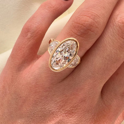 Bezel Set Elongated Oval Cut Engagement Ring Three Stone  Oval Moissanite Ring  Past Present Future Ring Wedding Rings For Her
