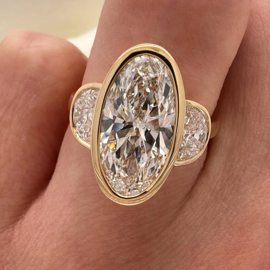 Bezel Set Elongated Oval Cut Engagement Ring Three Stone  Oval Lab Grown Ring  Past Present Future Ring Wedding Rings For Her