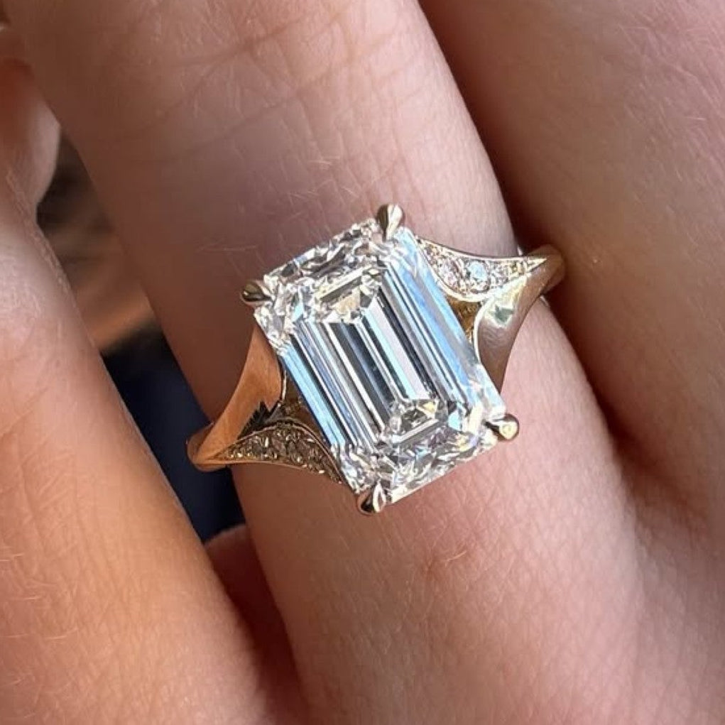 emerald cut lab grown engagement ring split shank hidden halo ring  wedding ring anniversary ring for women gift for her